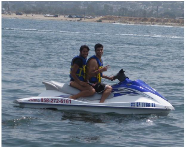 Rocio and I riding the Jet Skis at Ski Beach in Mission Beach. 