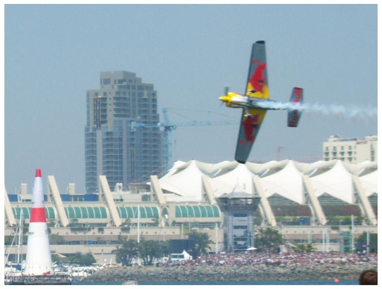 The Red Bull Plane flying in the Air Race.