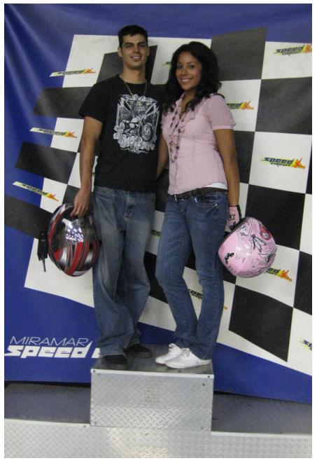 Rocio and I standing on the champion platform at Miramar Speed Circuit.
